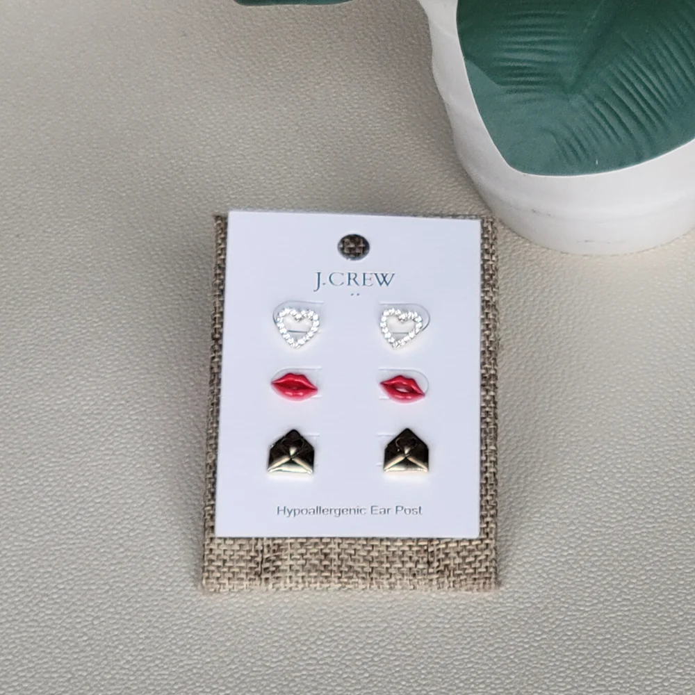 J. Crew Women's Gold Envelopes, Red Lips, and Heart 3 Piece Stud Earrings Set - Picture 2 of 3